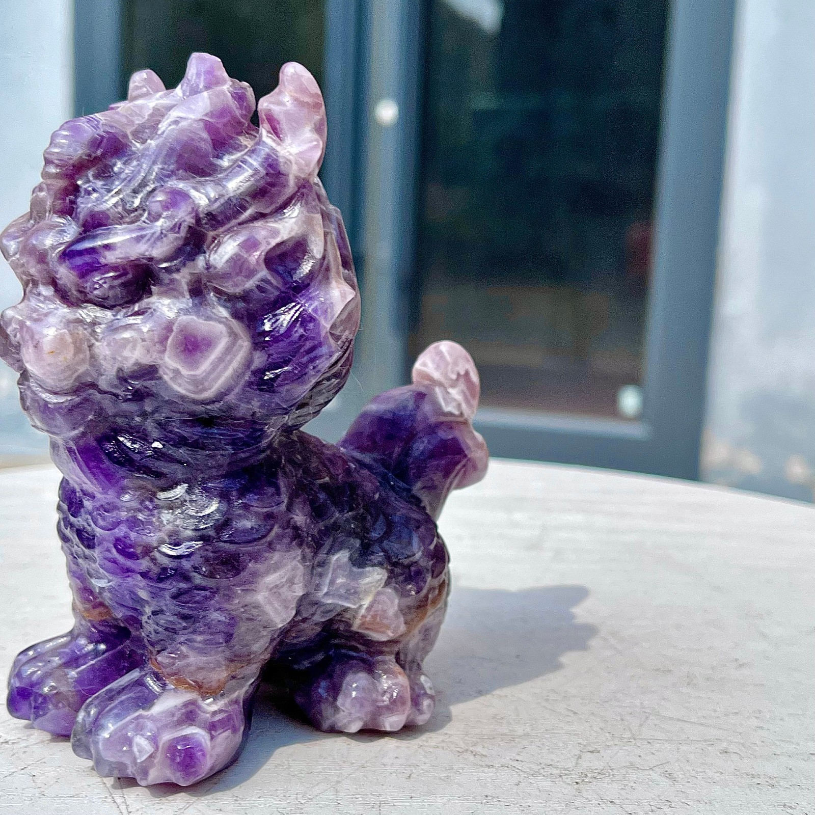 1.49LB Natural dreamy amethyst lion hand carved skull healing