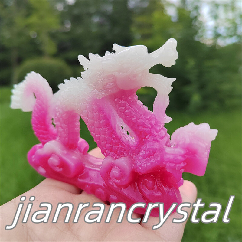4″ Pink Luminous Stone Sculpture Dragon Resin Decor Skull Chinese Dragon 1pc