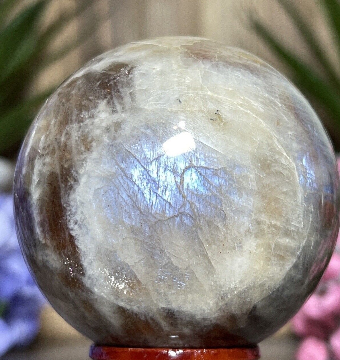 52mm MOONSTONE SUNSTONE SPHERE – Crystal Blue Feldspar Orange Mineral Witch 202g