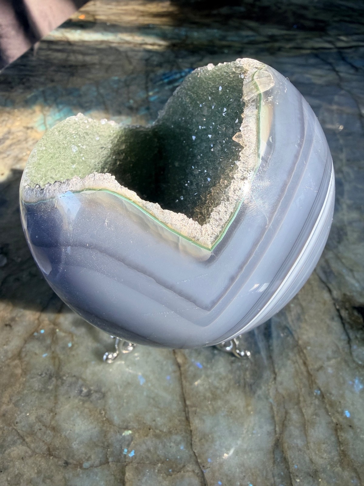 Druzy Green Rainbow Amethyst Sphere with Blue Agate Banding From Uruguay, 4.07″