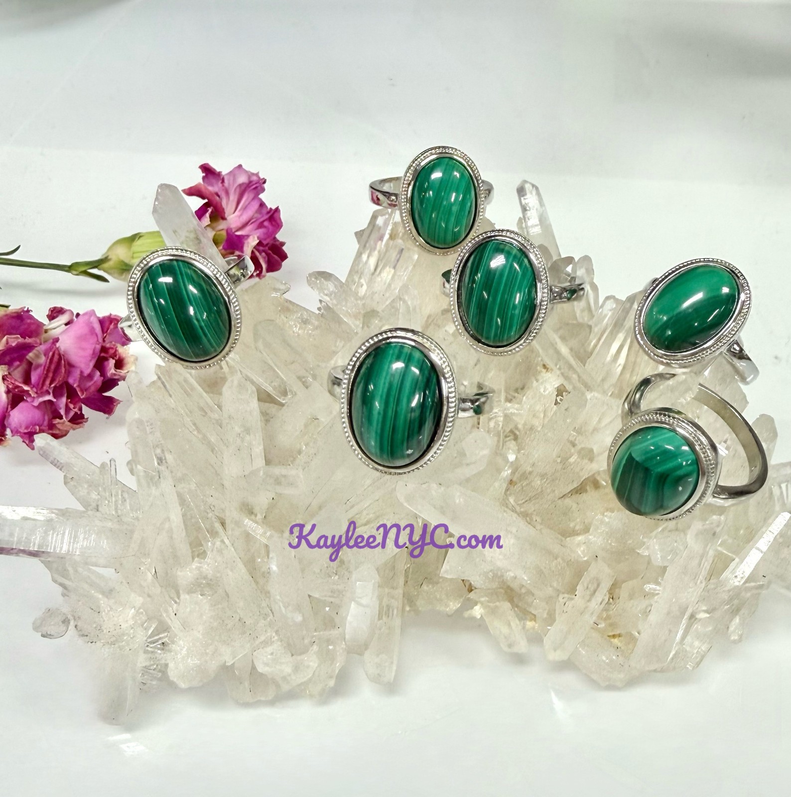 Wholesale Lot 7 Pcs Natural Malachite White Bronze Rings Crystal