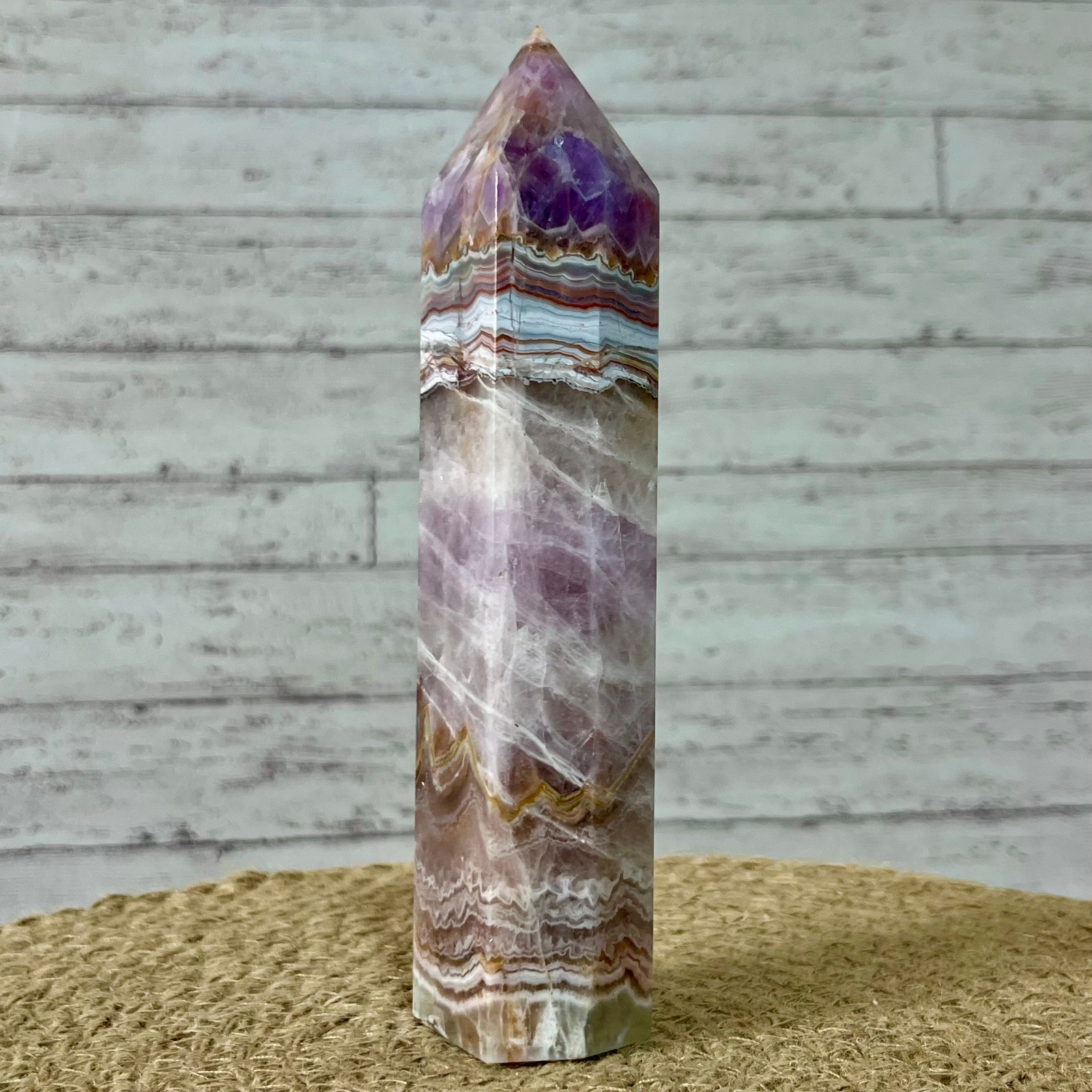 381 g Natural Amethyst Agate Tower Striped Pattern Crystal Obelisk