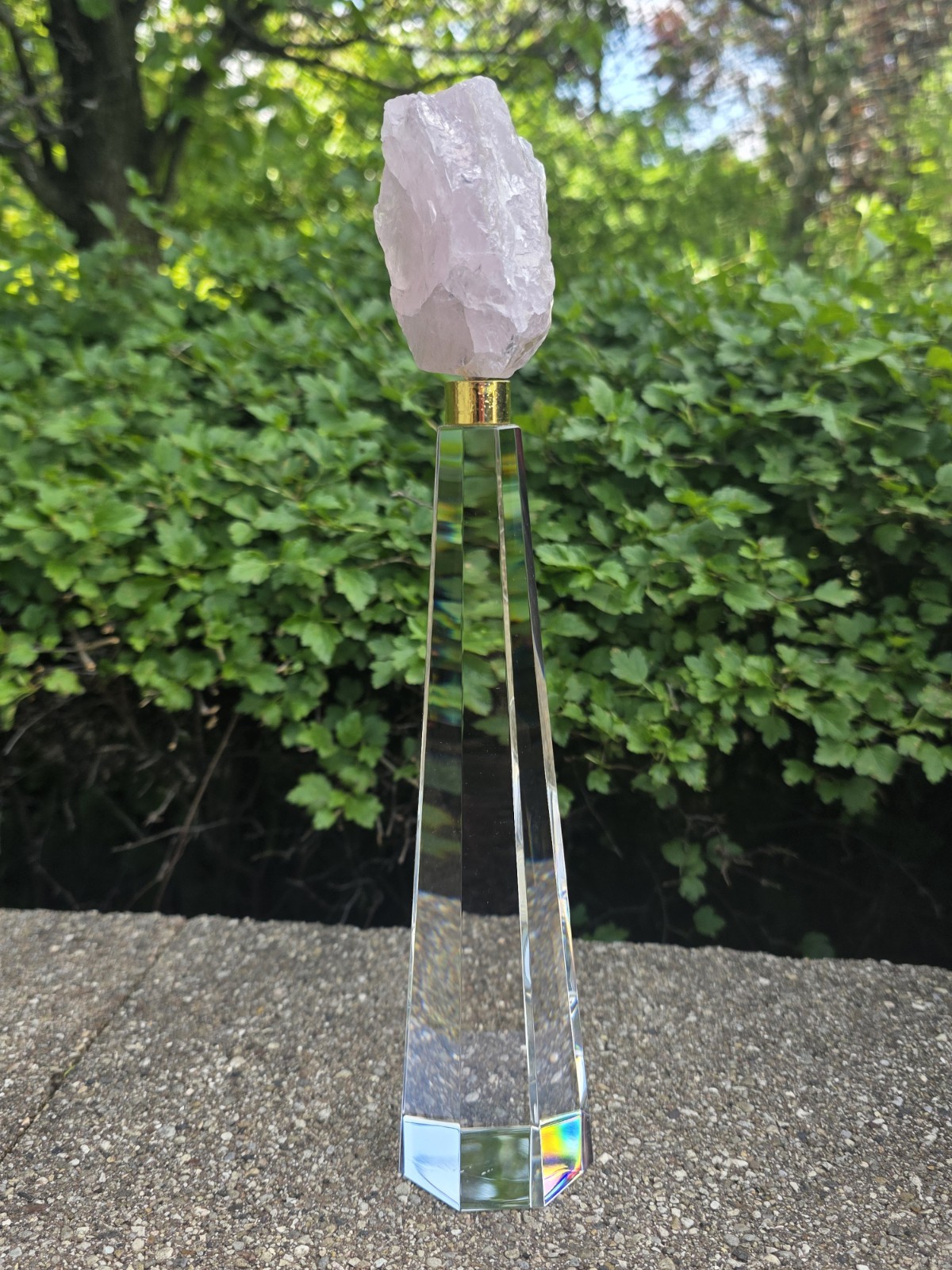 Rose Quartz with Clear Crystal Octagon Faceted Obelisk Tower