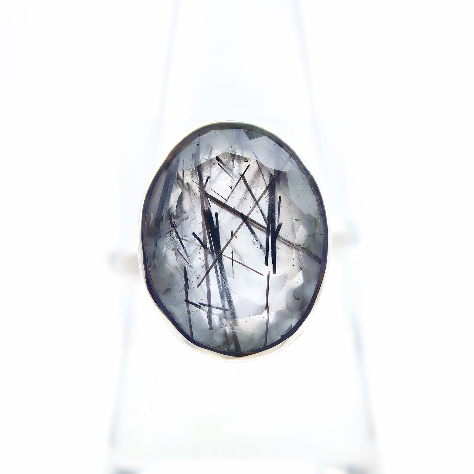 Black Tourmaline Quartz Sterling Silver Ring Natural Crystal UK Size P US Size 8