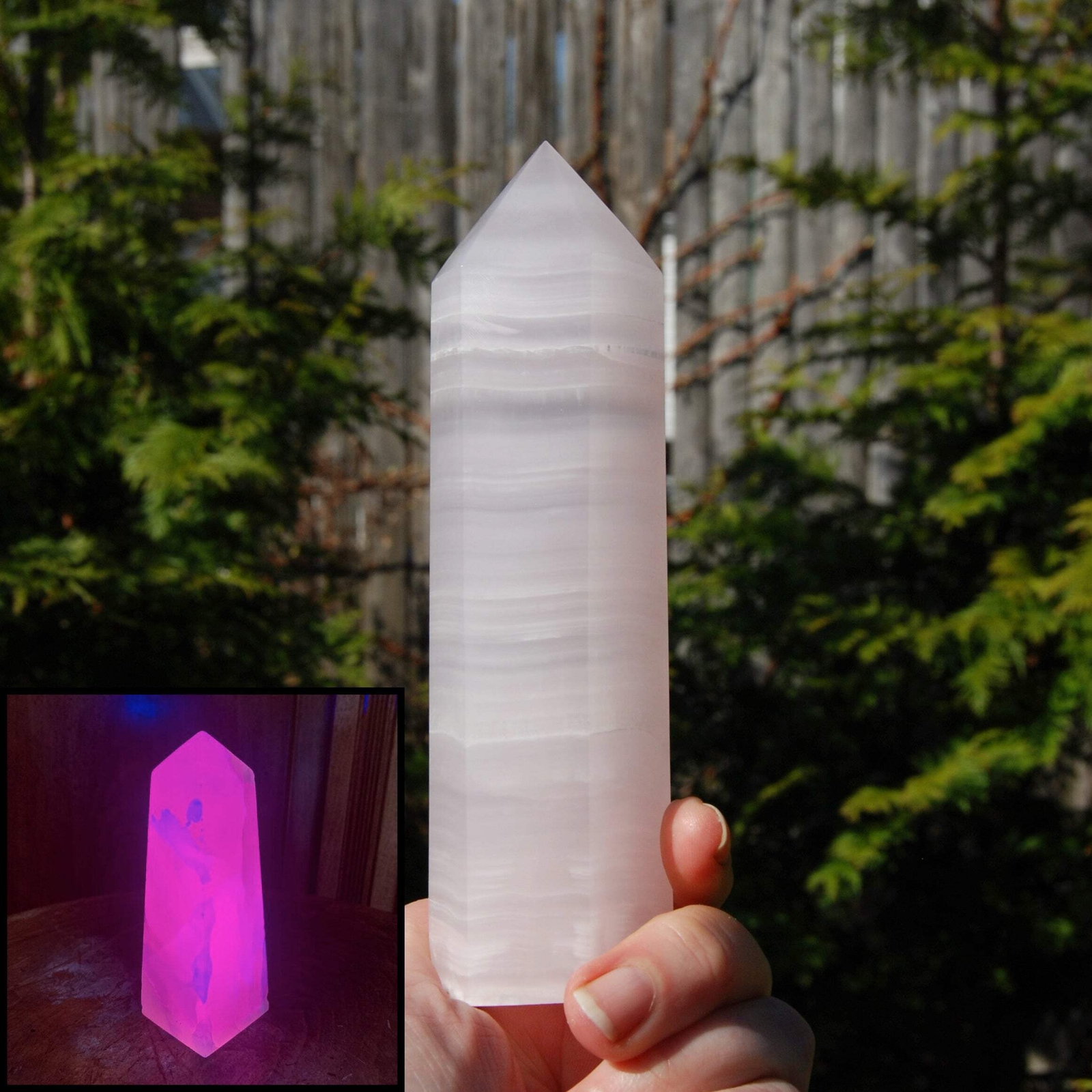 6in Pink Mangano Calcite Crystal Tower, Reiki Stone, Fluorescent UV Reactive