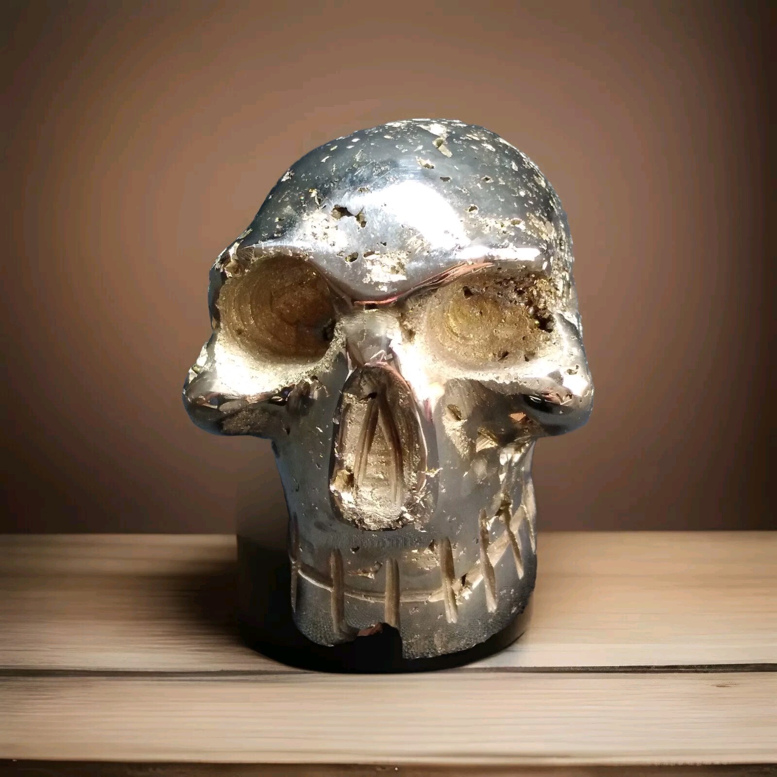 Hand Carved Skull Peruvian Pyrite Fools Gold Open Crystal Chambers Detail Heavy