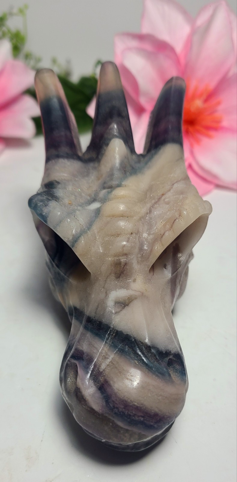 Large 5″ 303g Silky Fluorite Dragon Head Skull Crystal Stone Carving Statue