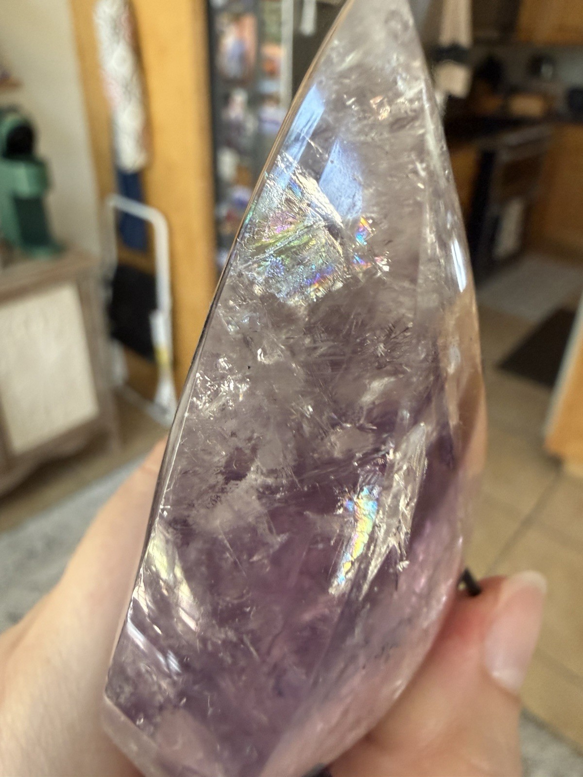 6 1/2in. High Grade Quality Phantom Amethyst Quartz Flame Drop Crystal On Stand