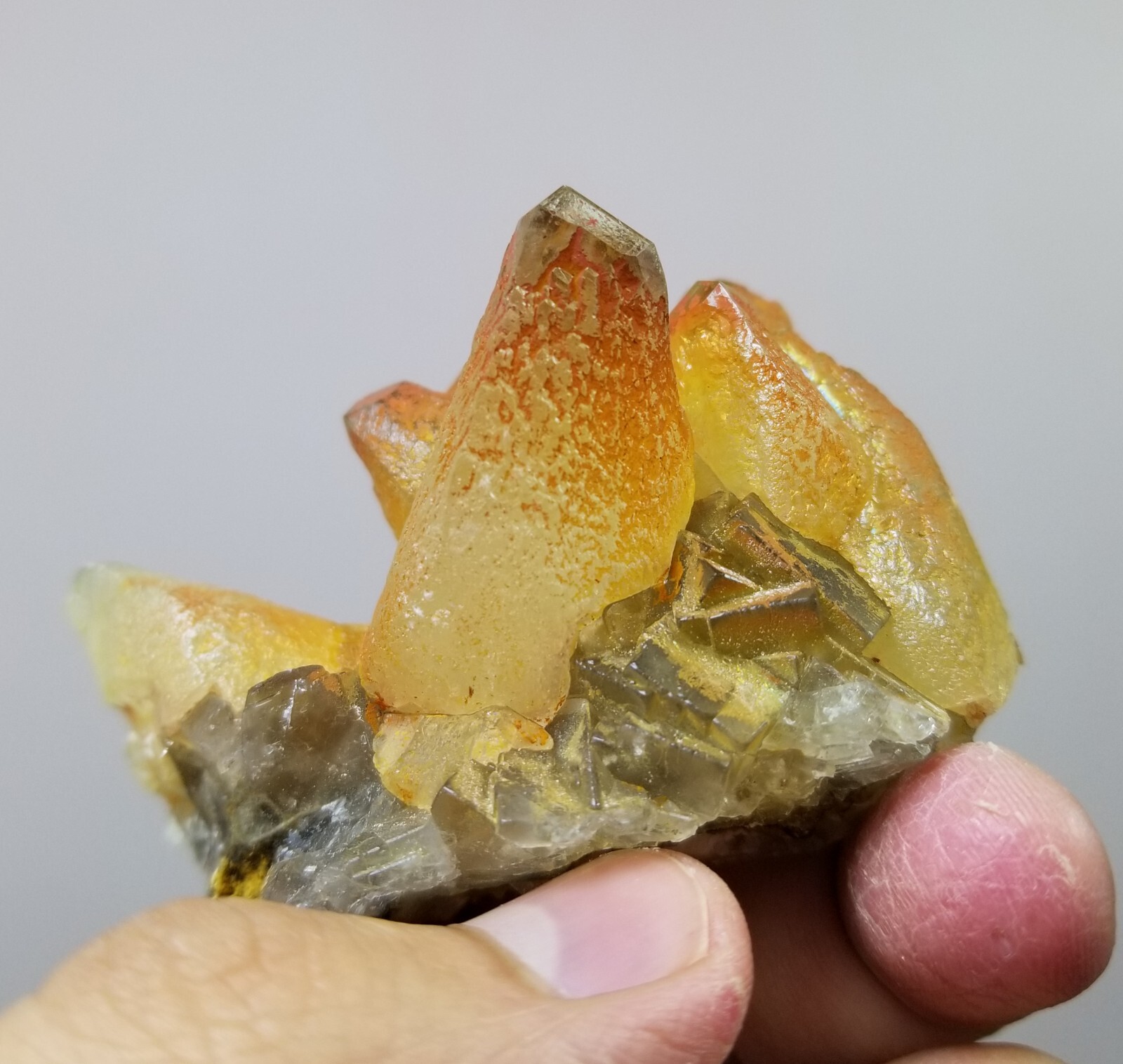 Dogtooth calcite cluster with Oxidized iron coating with fluorite on it 155 gram