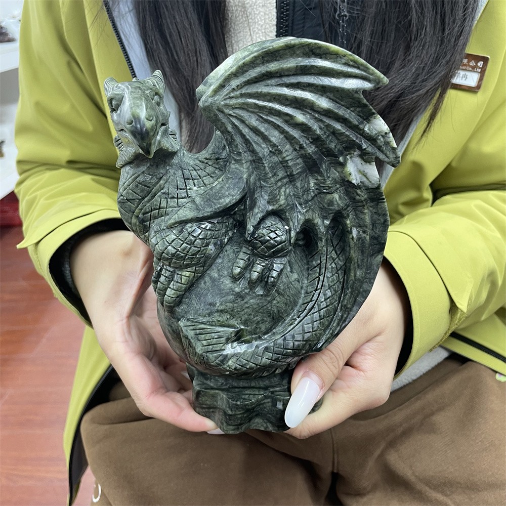 5.5LB 7″ Natural Xiuyan Jade Dragon Carving Crystal Quartz Energy Healing Statue