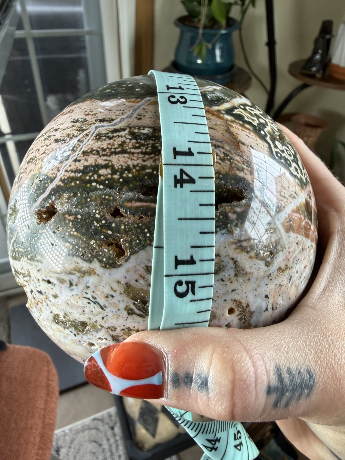 8th Vein Ocean Jasper Sphere – Druzy Pockets – Green, Pink, White – 3.69lbs