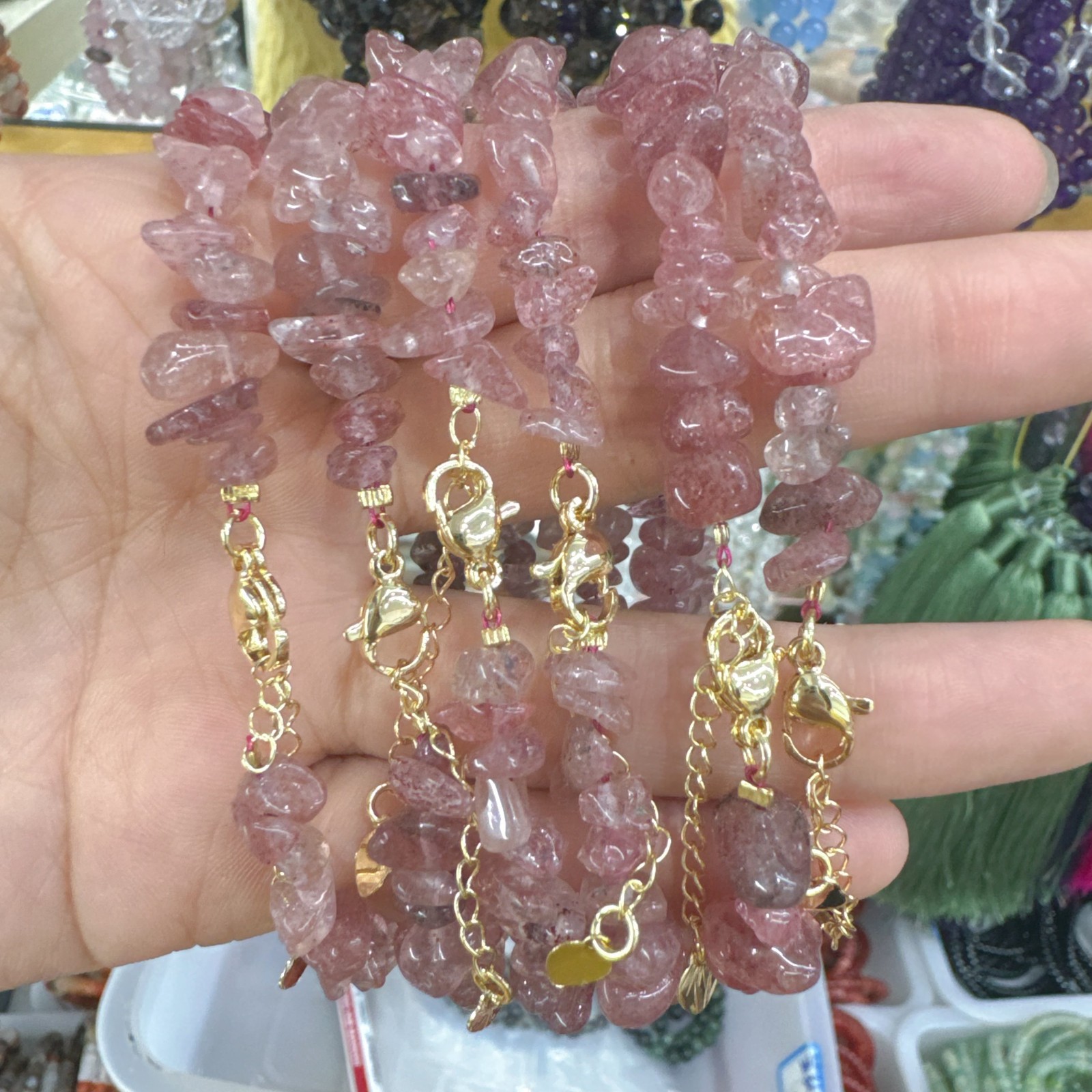 6 Pcs Natural strawberry quartz Crystal Chip Bead Bracelet Chain Adjustable