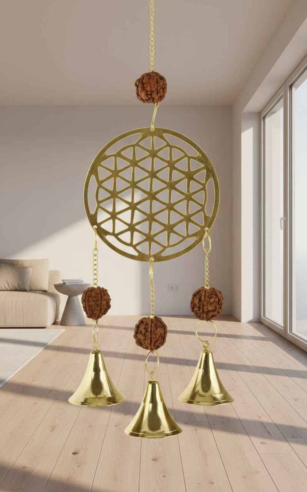 Flower of Life Brass Chime with Rudraksha Beads 10 Inches Long