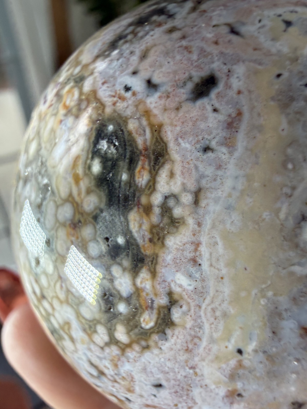 8th Vein Ocean Jasper Sphere – Druzy – Pink, White, Blue & Green Orbs – 9.91 oz