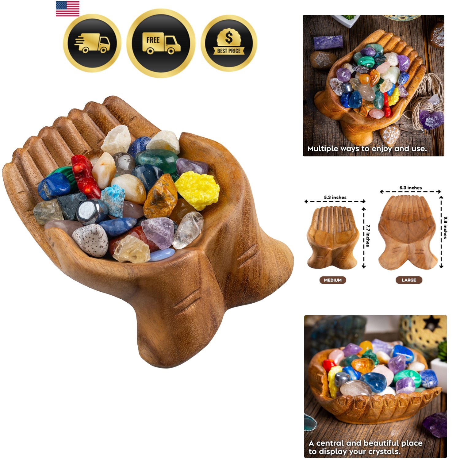 Carved Hands Offering Bowl – Crystal Holder for Stones, Rock Collection Holde…