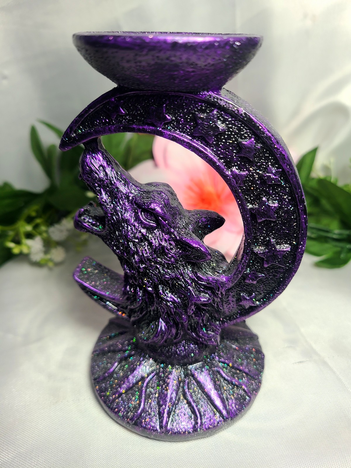 Sparkling Purple Wolf Crescent Moon Stars Resin Sphere Stand Crystal Ball Holder