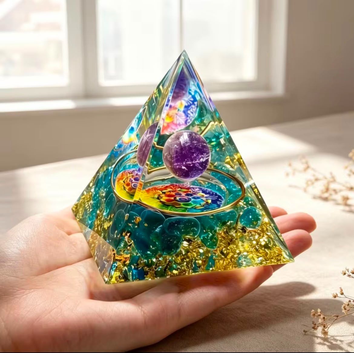 7 Chakra Amethyst Orgonite Pyramid Spiritual Balance Yoga Meditation Decoration