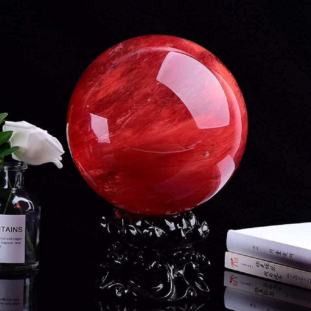 4 Inch Red Crystal Ball with Stand, Large Natural Crystal Ruby Sphere | for Medi