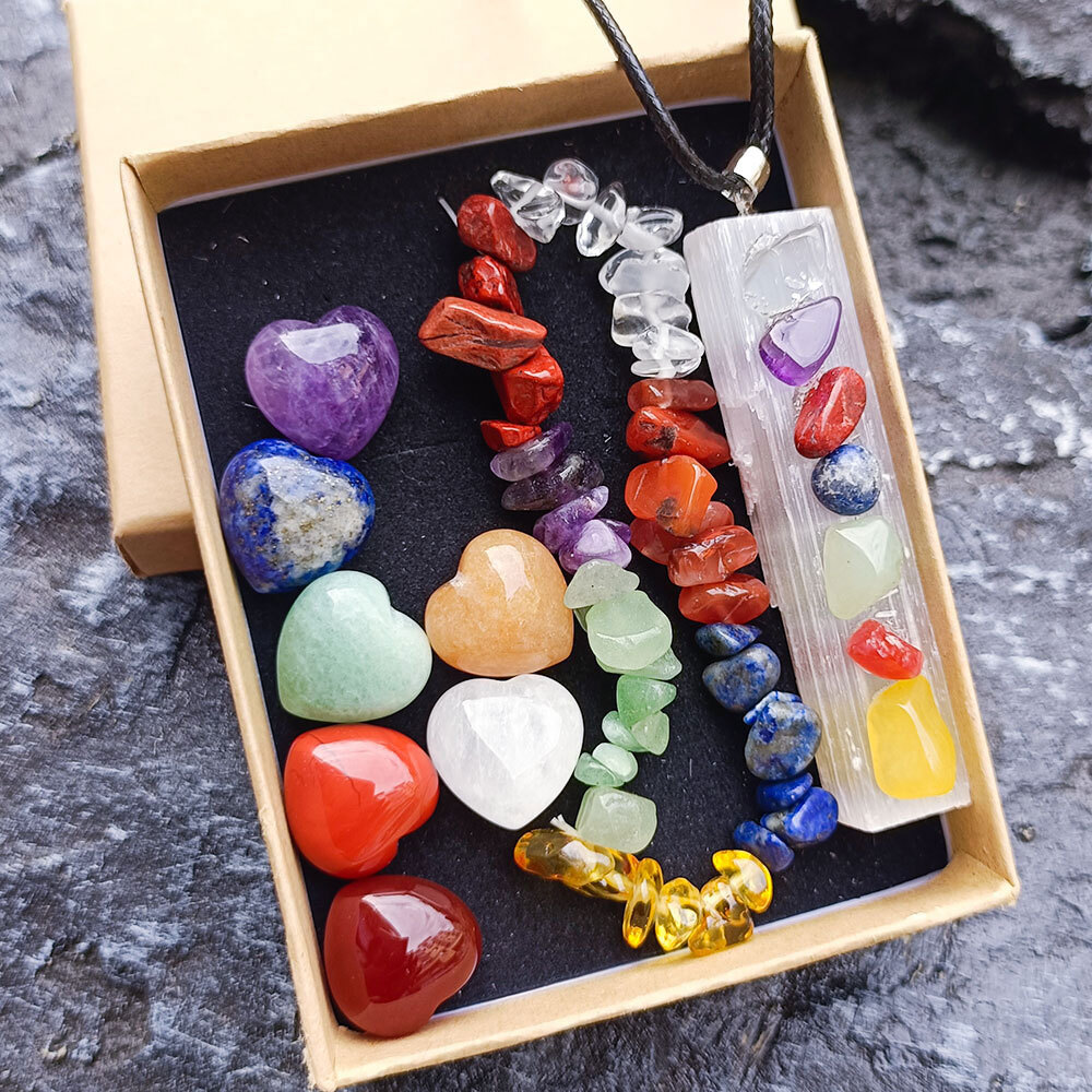 Spiritual Meditation Crystal Heart Healing Crystal 7 Chakra Tumbling Stone Set