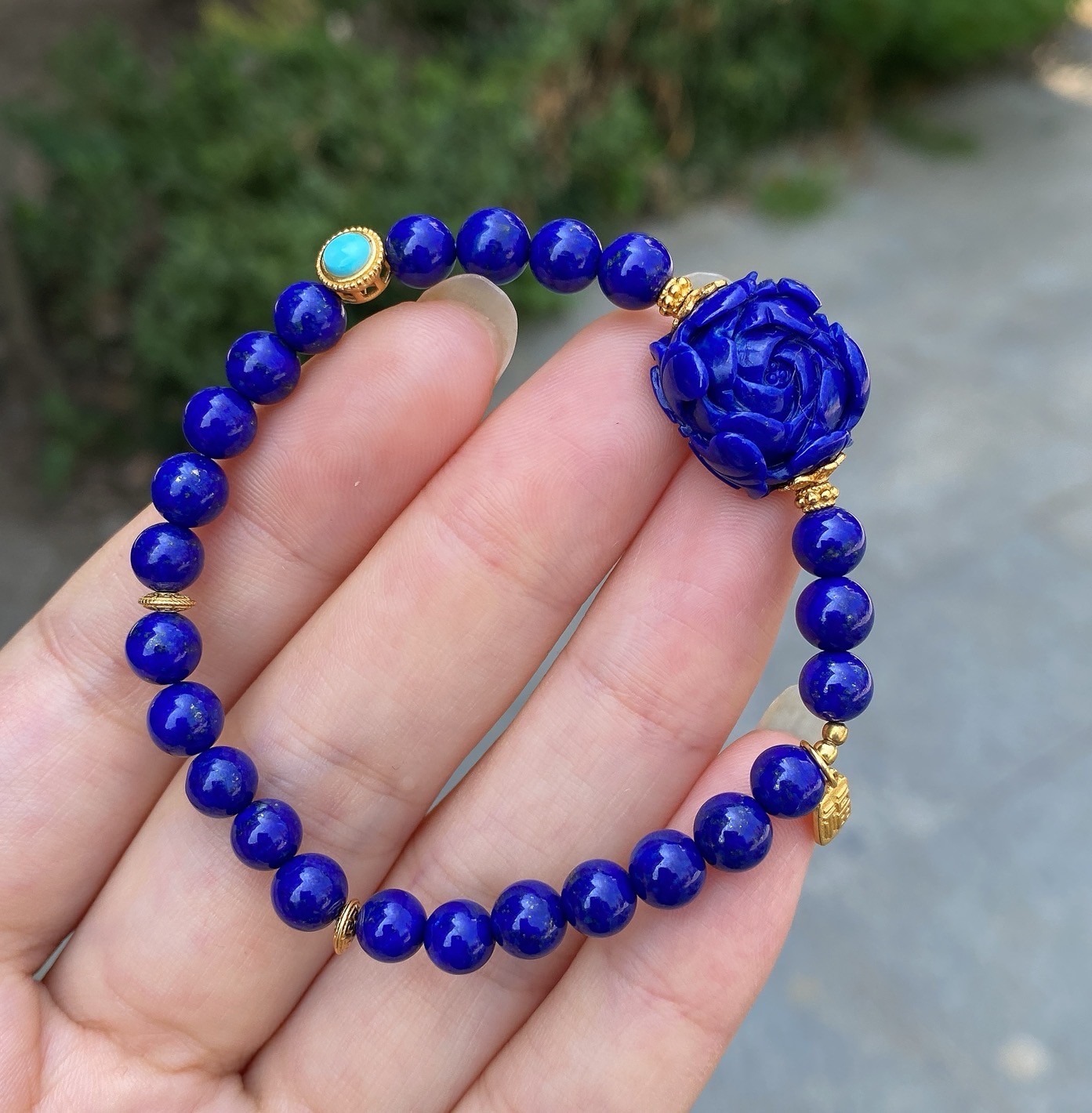 Natural Lapis Single Bracelet Hand Carved Peony Gem Ethnic Layering Wrist Decor