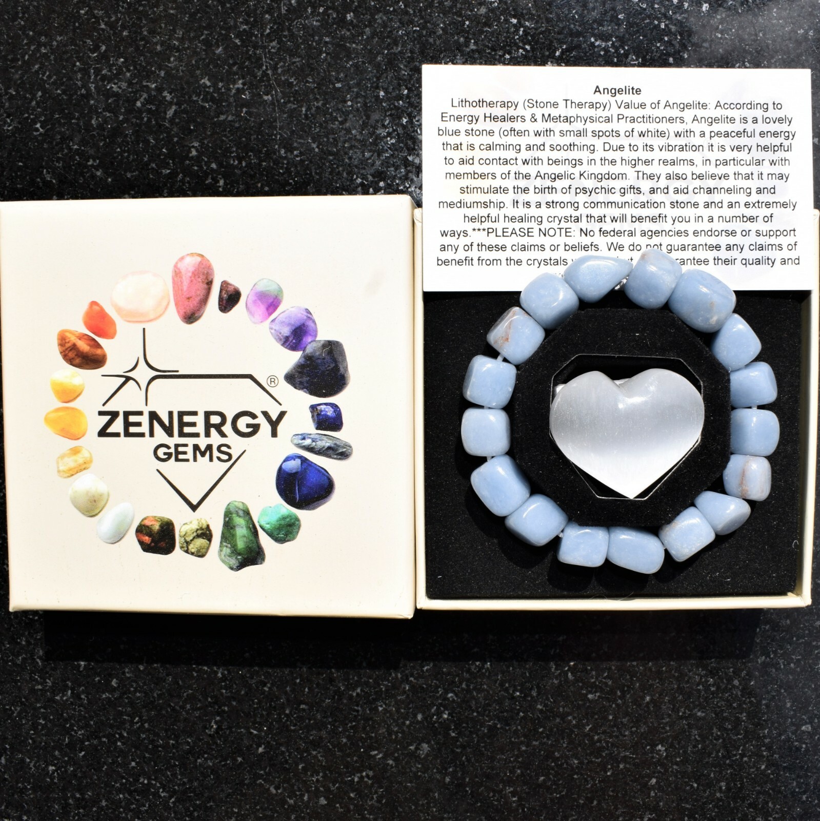 CHARGED Angelite Crystal Nugget Stretchy Bracelet + Selenite Puffy Heart