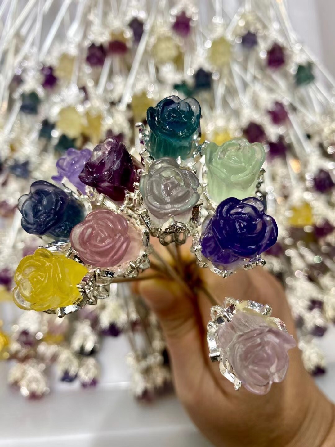5PC Natural Mix fluorite quartz crystal rose flowers carved reiki healing random