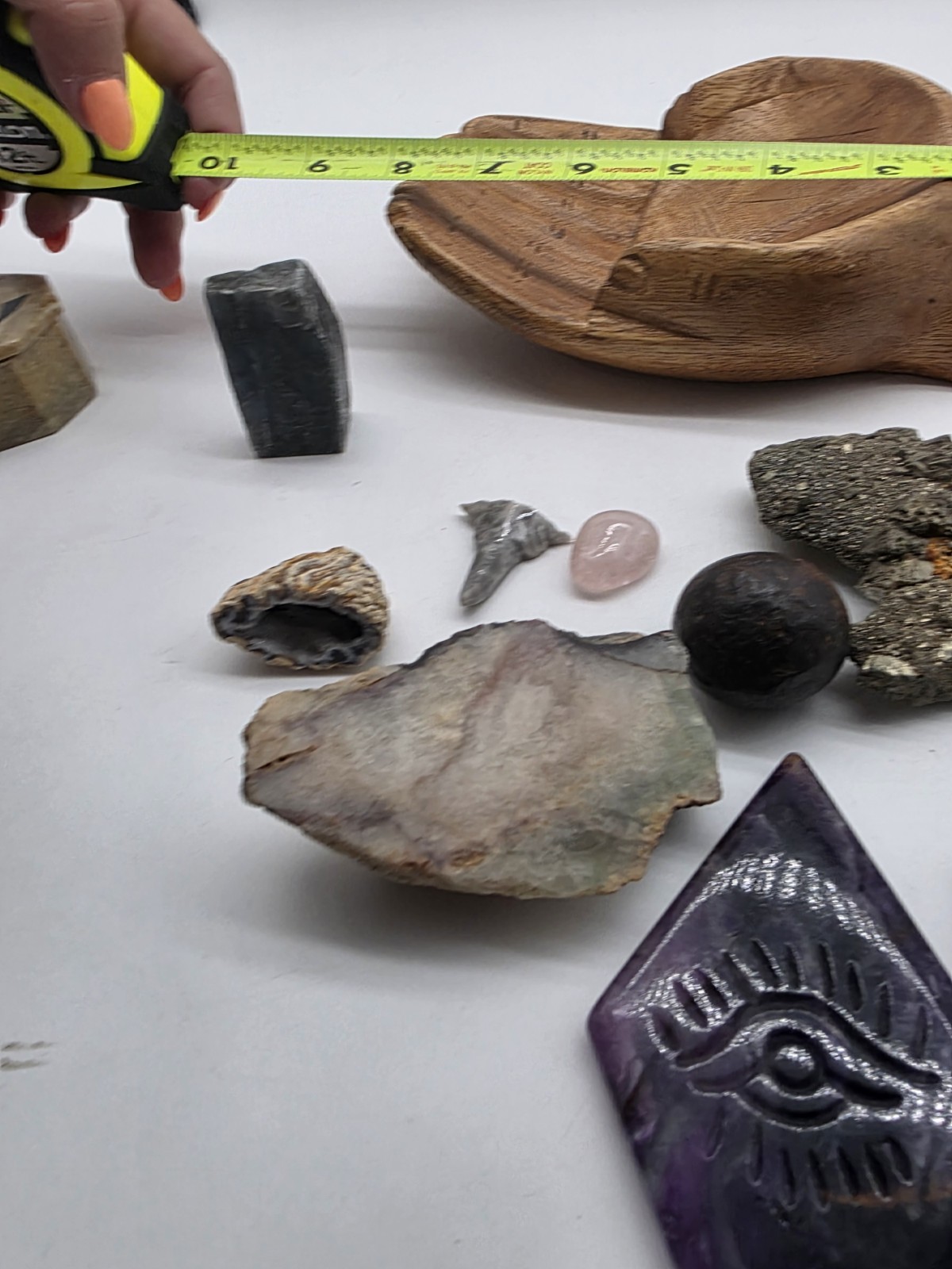 Fluorite All seeing Eye stone Wooden Hand Bowl Pyrate Gem Geode cannon ball LOT