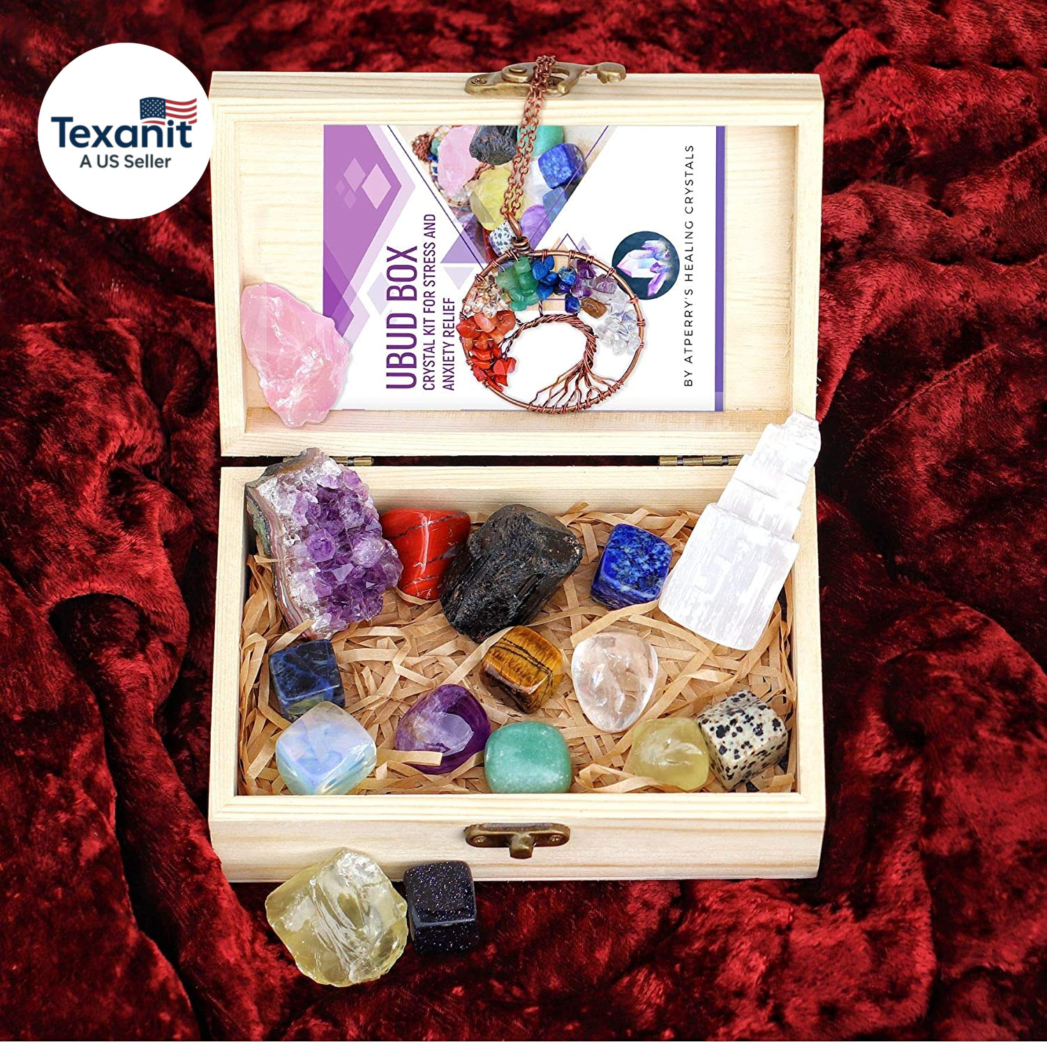 16 LARGE Natural Healing Crystals Set in Wooden Box – Tumbled, Rough & Raw Cryst