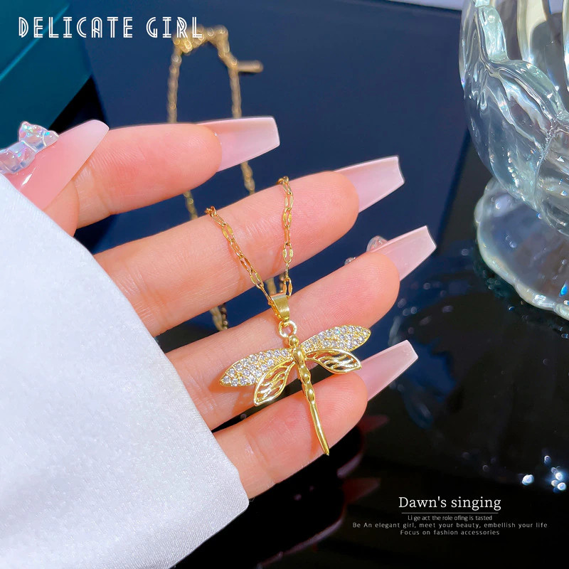Women’s Fashion Jewelry Gold Cubic Zircon Dragonfly Pendant Necklace Gift 1PC