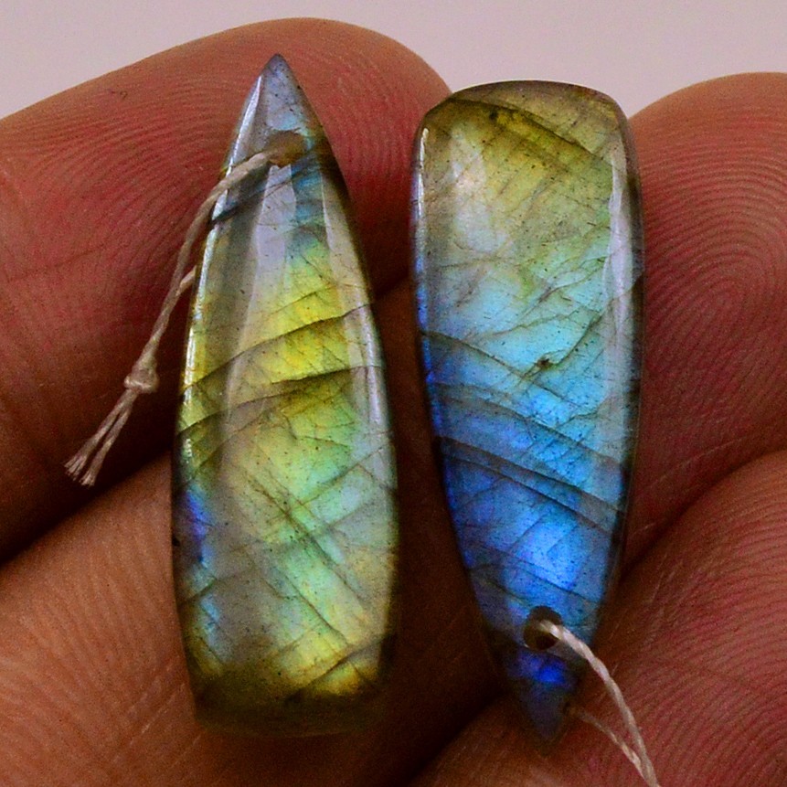 21Cts Natural Labradorite Gemstone Cabochon Front Drill Earrings 24x6mm #P3171