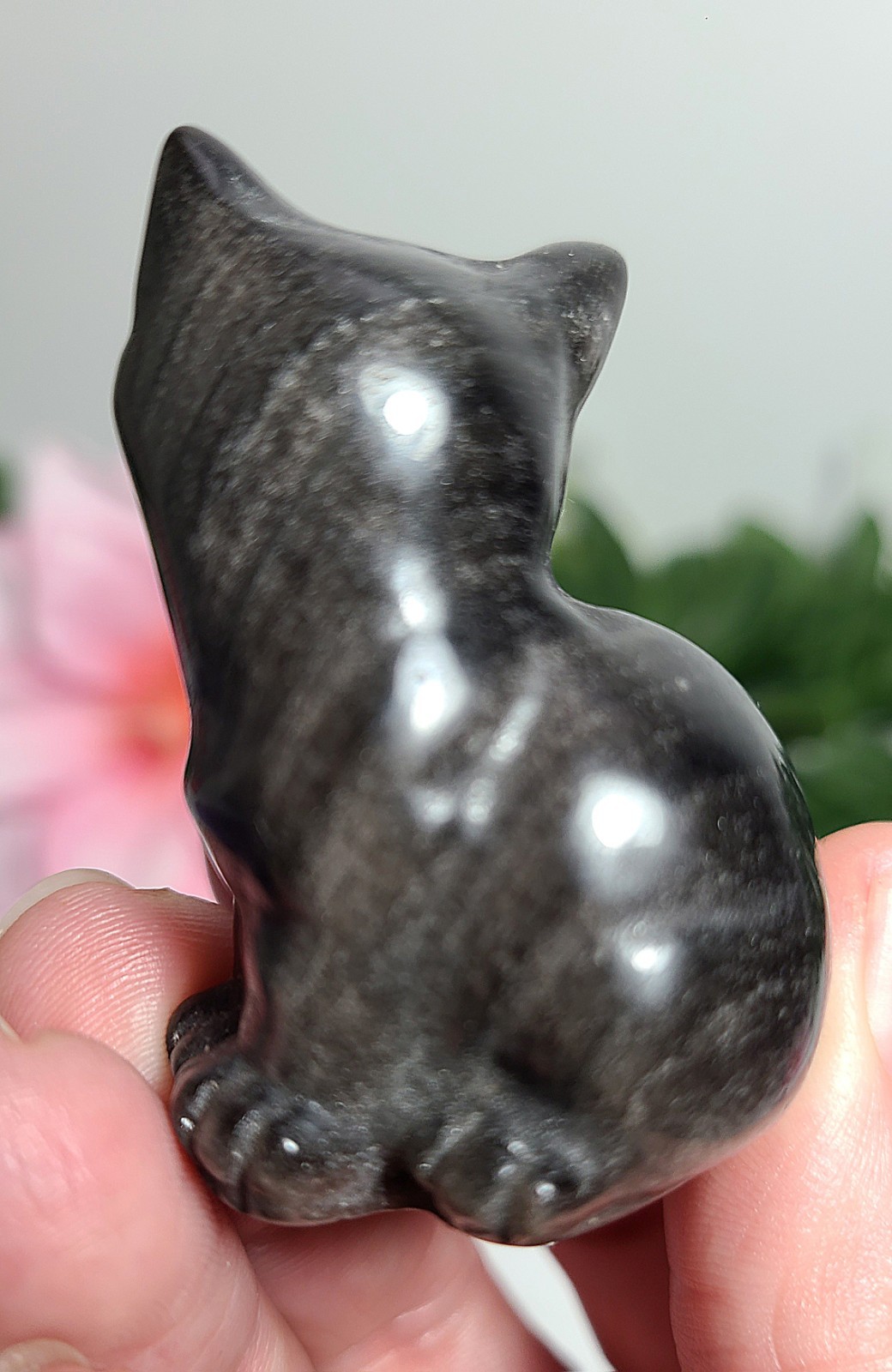 2″ 54g Adorable Silver Sheen Obsidian Sitting Cat Crystal Stone Carving Statue