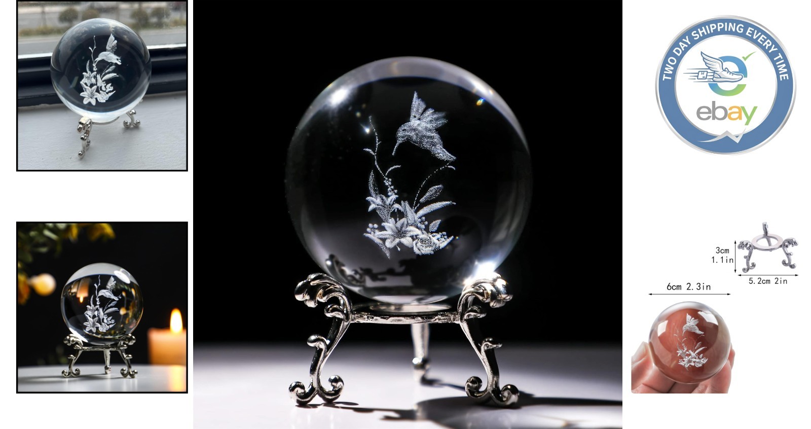 Handmade 60mm Hummingbird Crystal Sphere with Metal Base – Perfect Gift Option
