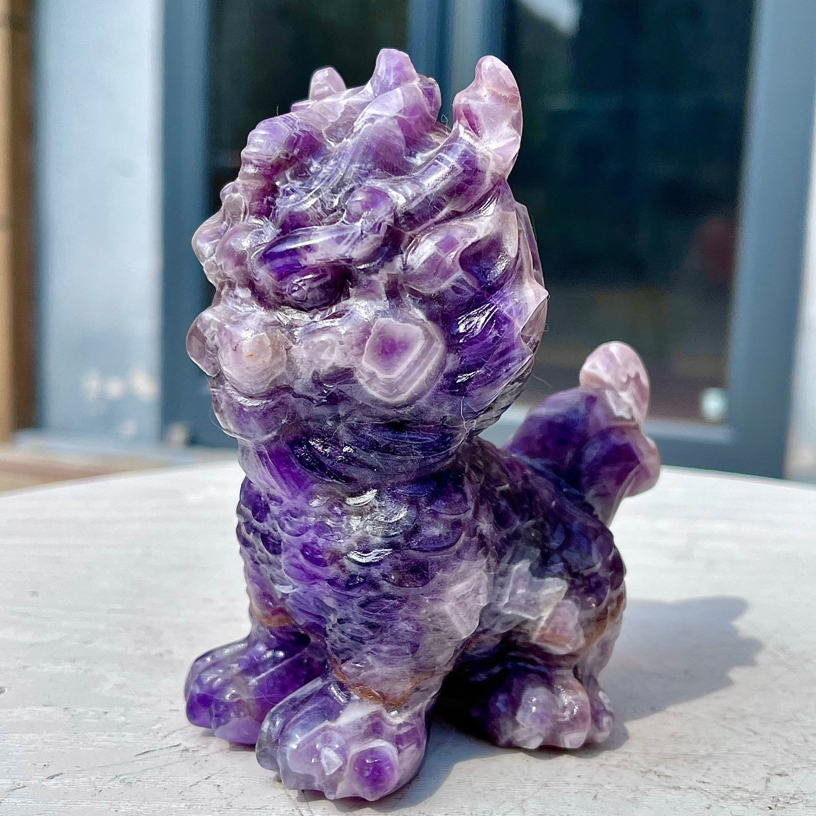 1.49LB Natural dreamy amethyst lion hand carved skull healing