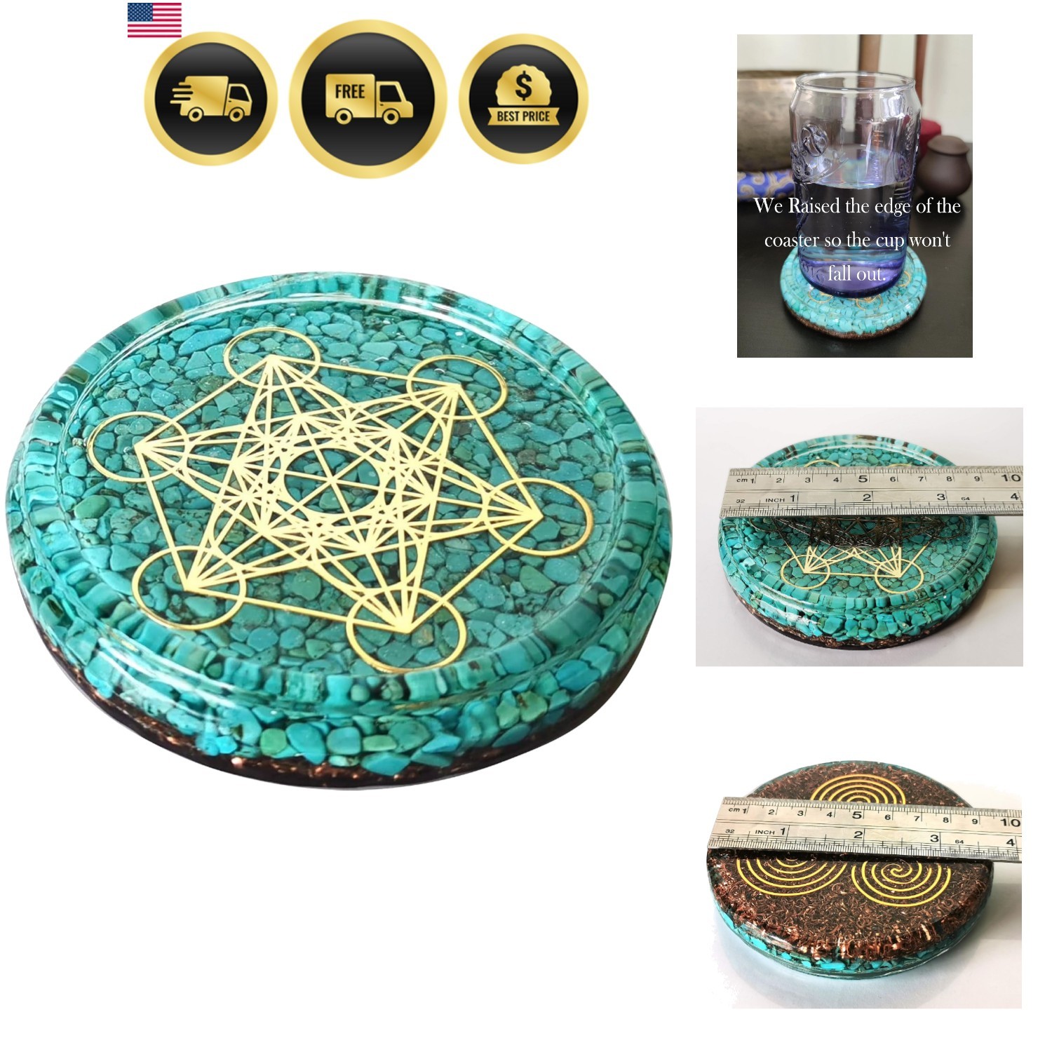LARGE 4″ Turquoise Crystals Metatron’s Cube Merkaba Coaster Water Charging Pl…