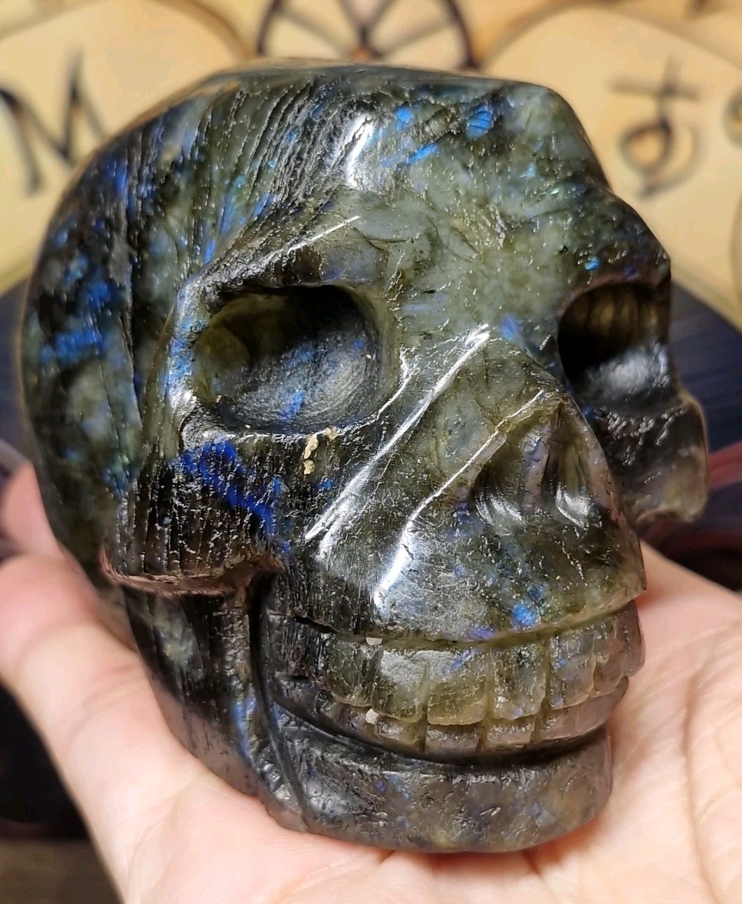 Dark Green Labradorite Crystal Human Skull Carving 84x62mm 436g