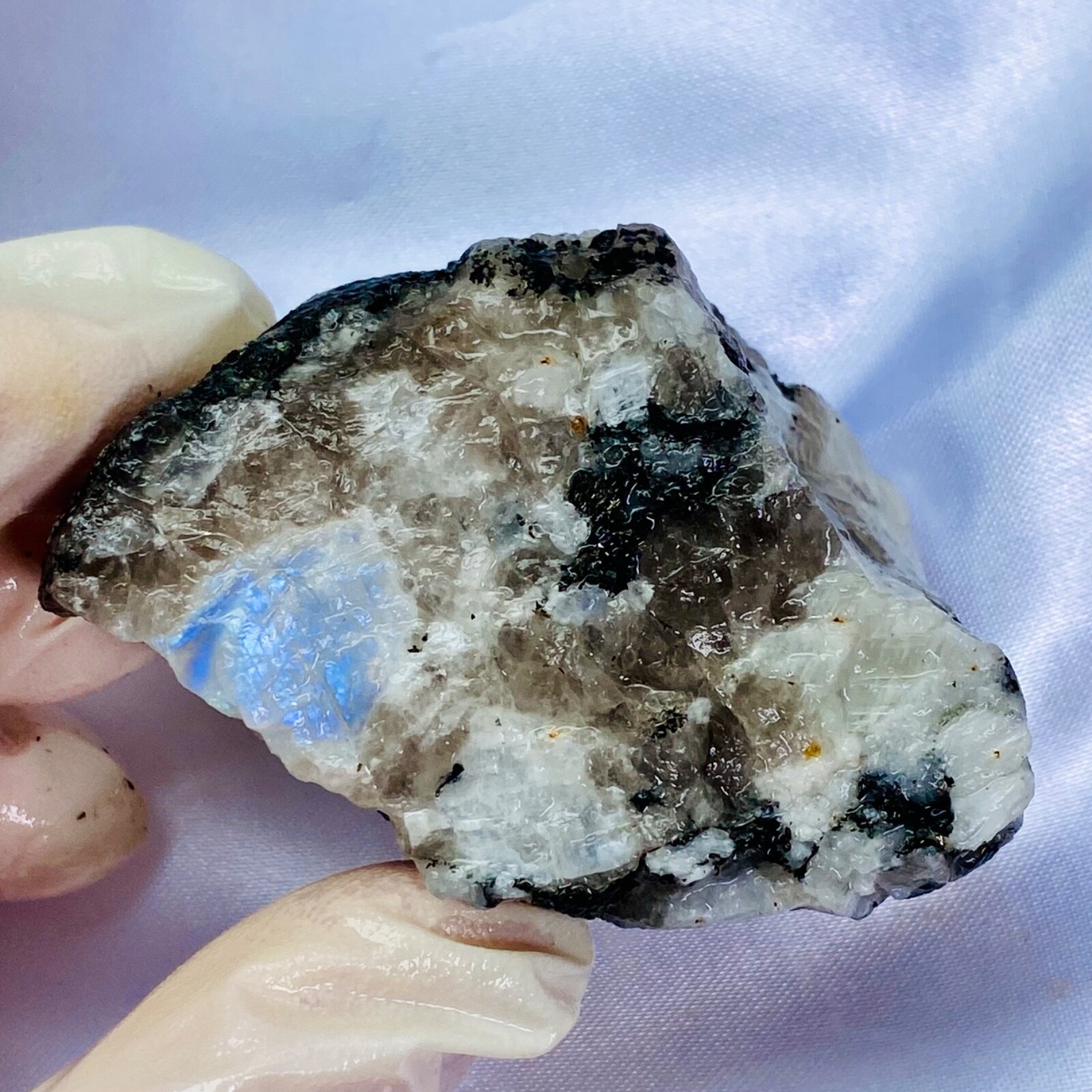 Blue White Moonstone in Quartz Black Mica Raw Natural Rough Crystal Random Pull