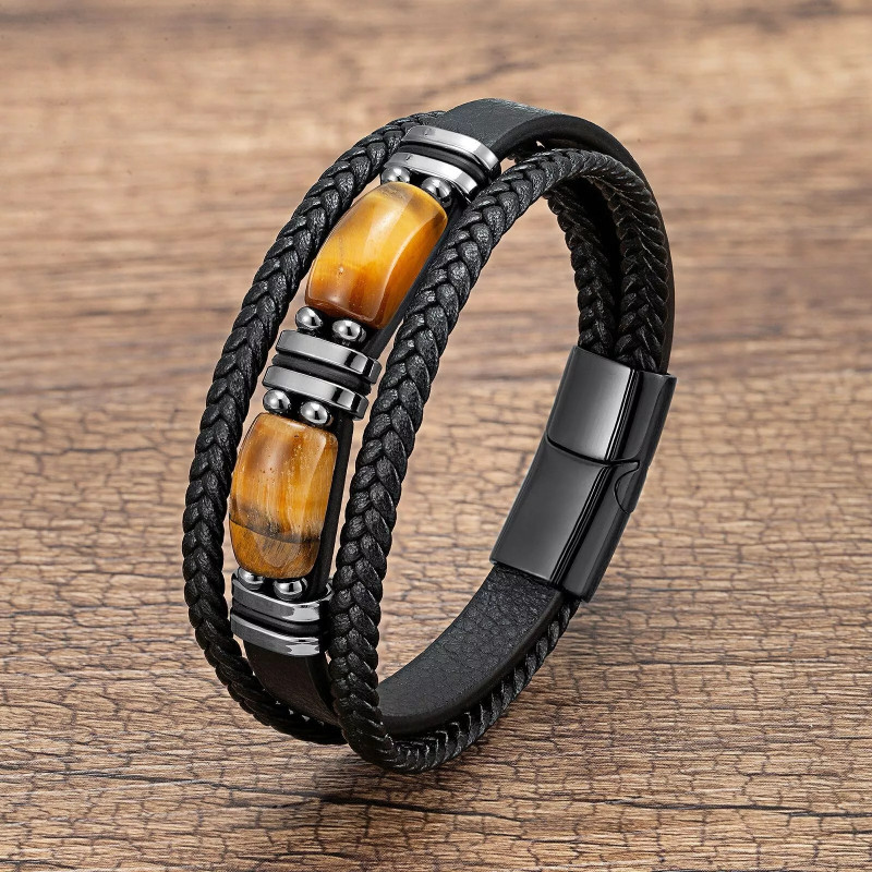 Tiger’s Eye Beaded 3 Strand Handmade Fashion Healing Strength Men Bracelet Gifts