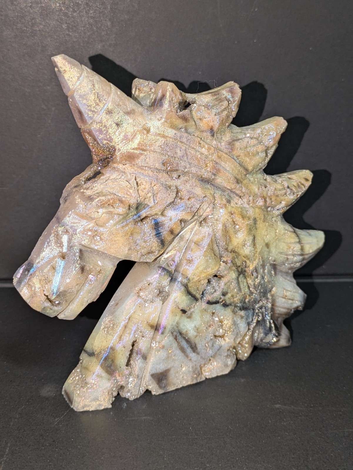 Aura Sphalerite Crystal Unicorn Carving Shiny Blue Purple Pink Gold With Druzies