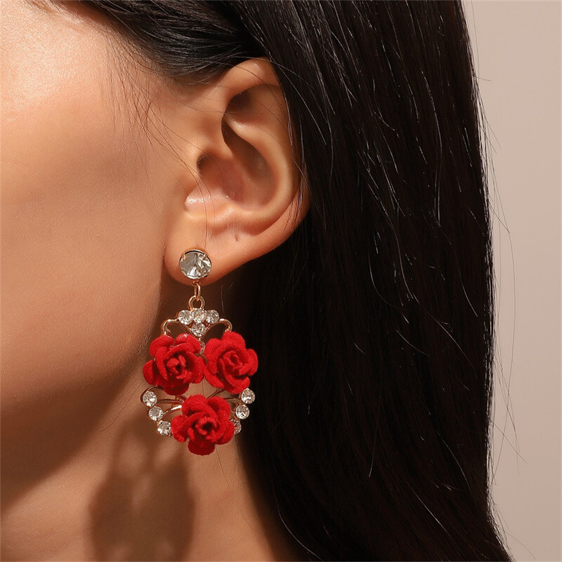 Women’s Fashion Jewelry Set Red Roses Flower Gold Earrings Ring Necklace Suit