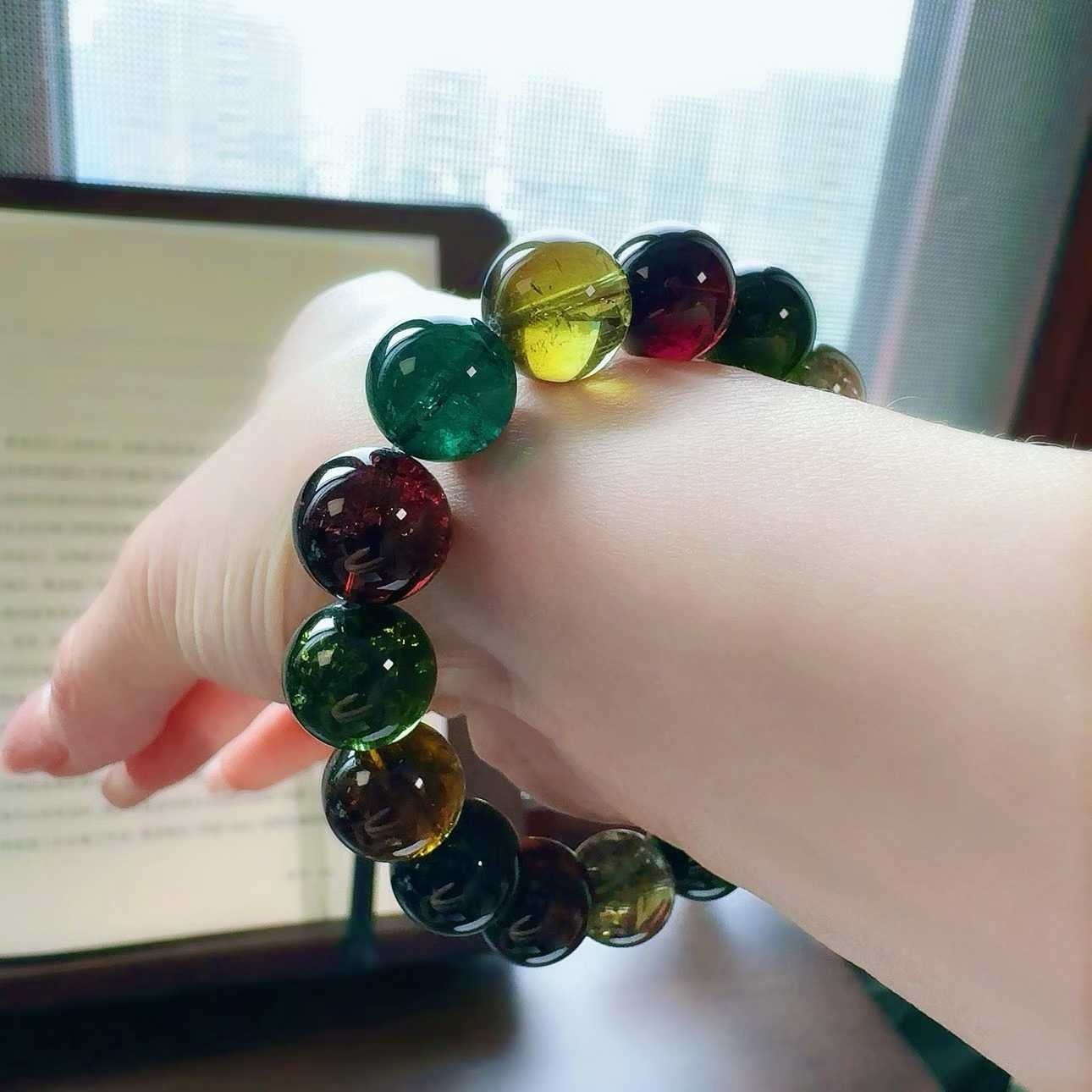 12mm Natural rainbow tourmaline quartz Beaded Bracelet Gemstone Stretch Bracelet
