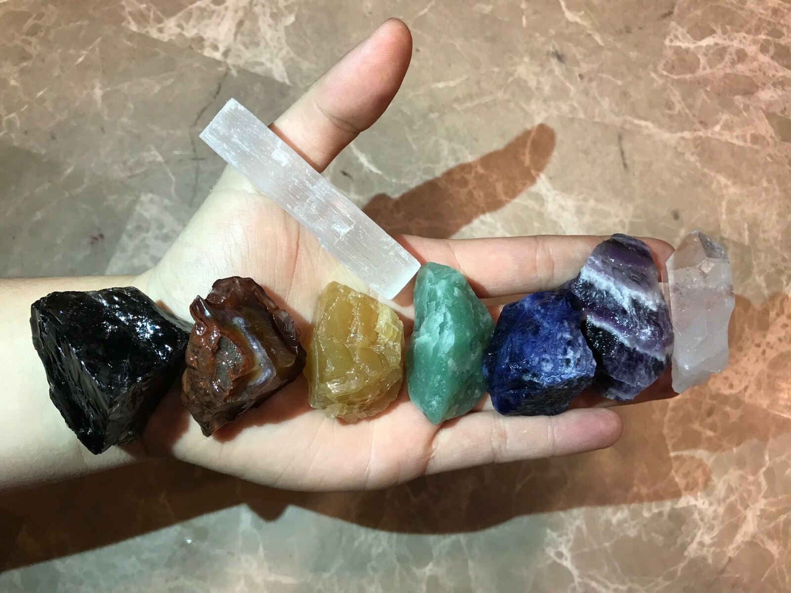Large Chakra Stones Set: 7 Rough Crystals & Raw Selenite 3/4 Lb+ (CHARGED ROCKS)