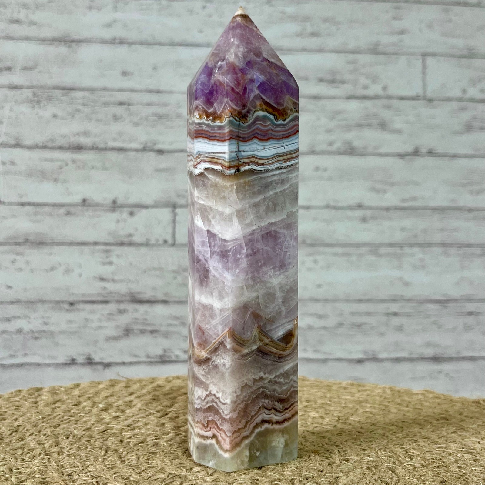 381 g Natural Amethyst Agate Tower Striped Pattern Crystal Obelisk
