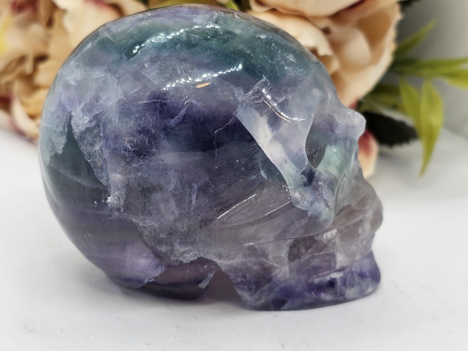 Rainbow Fluorite Skull Crystal Carving 248g Purple Green Blue 5x 6 x 4cm