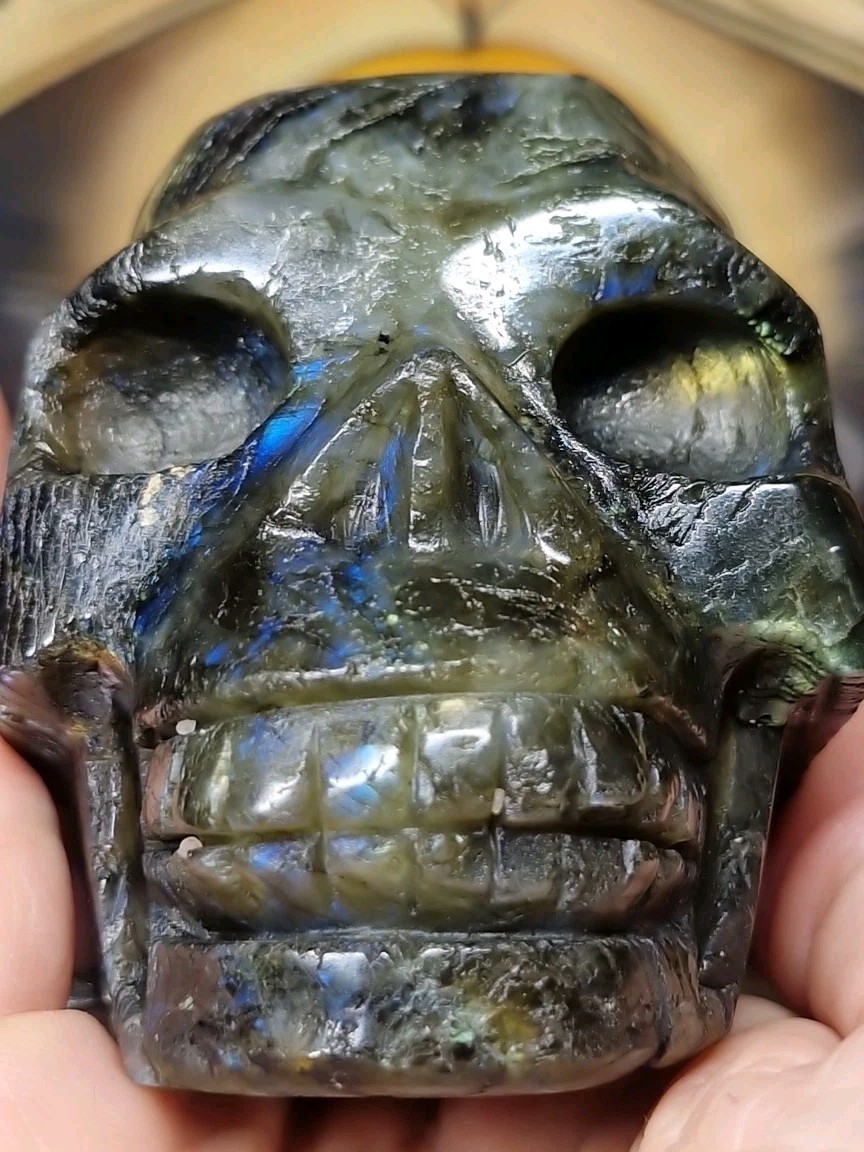 Dark Green Labradorite Crystal Human Skull Carving 84x62mm 436g