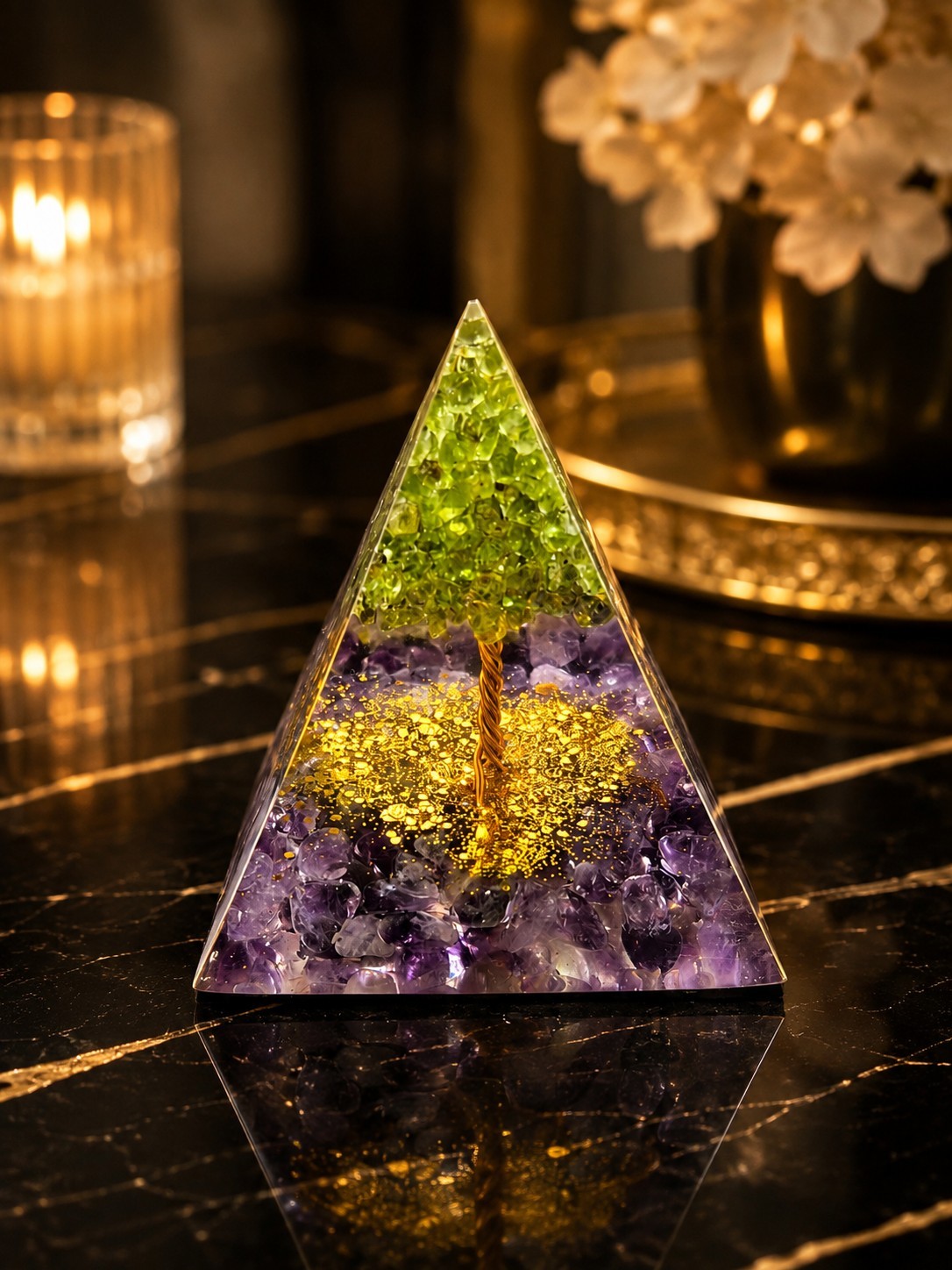 Resin Pyramid Tree of Life w/ Crystals Amethyst Orgone Energy Decor