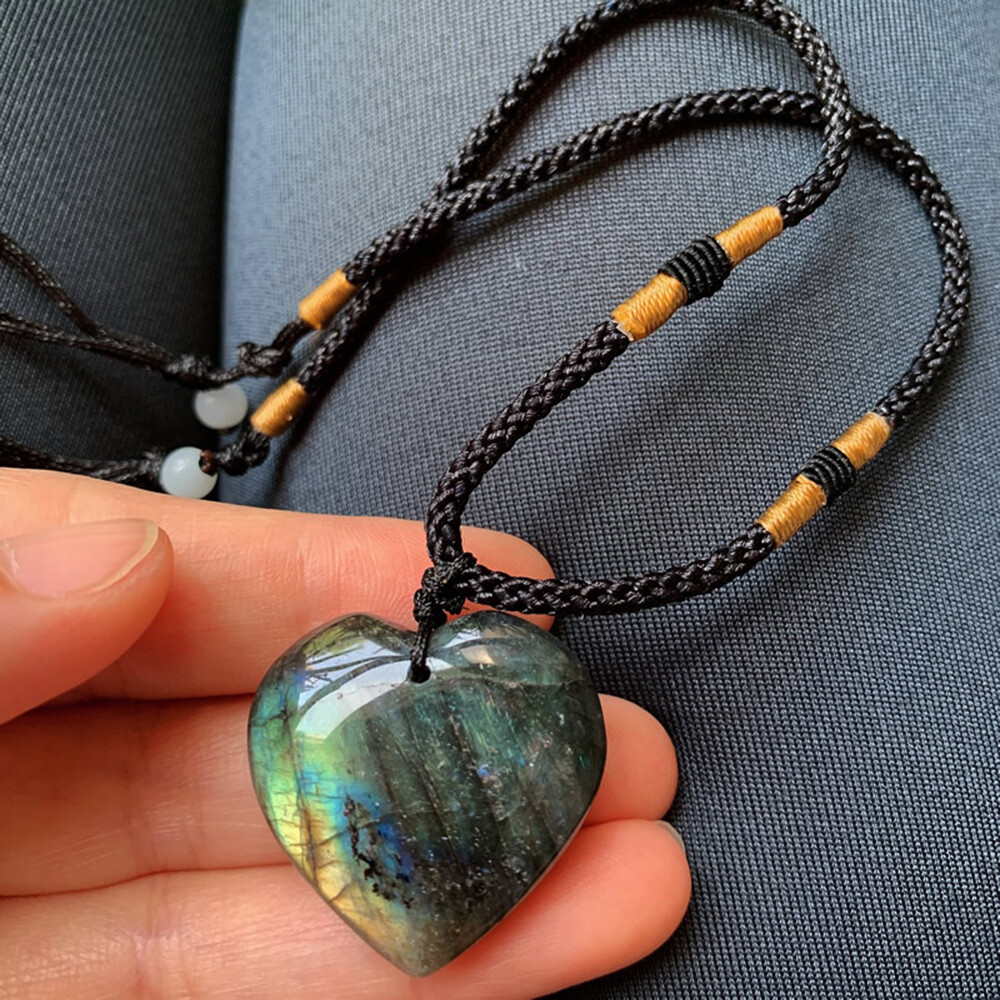 Natural Heart Pendant Labradorite Necklace Gem Moonstone Stone Crystal Quartz US