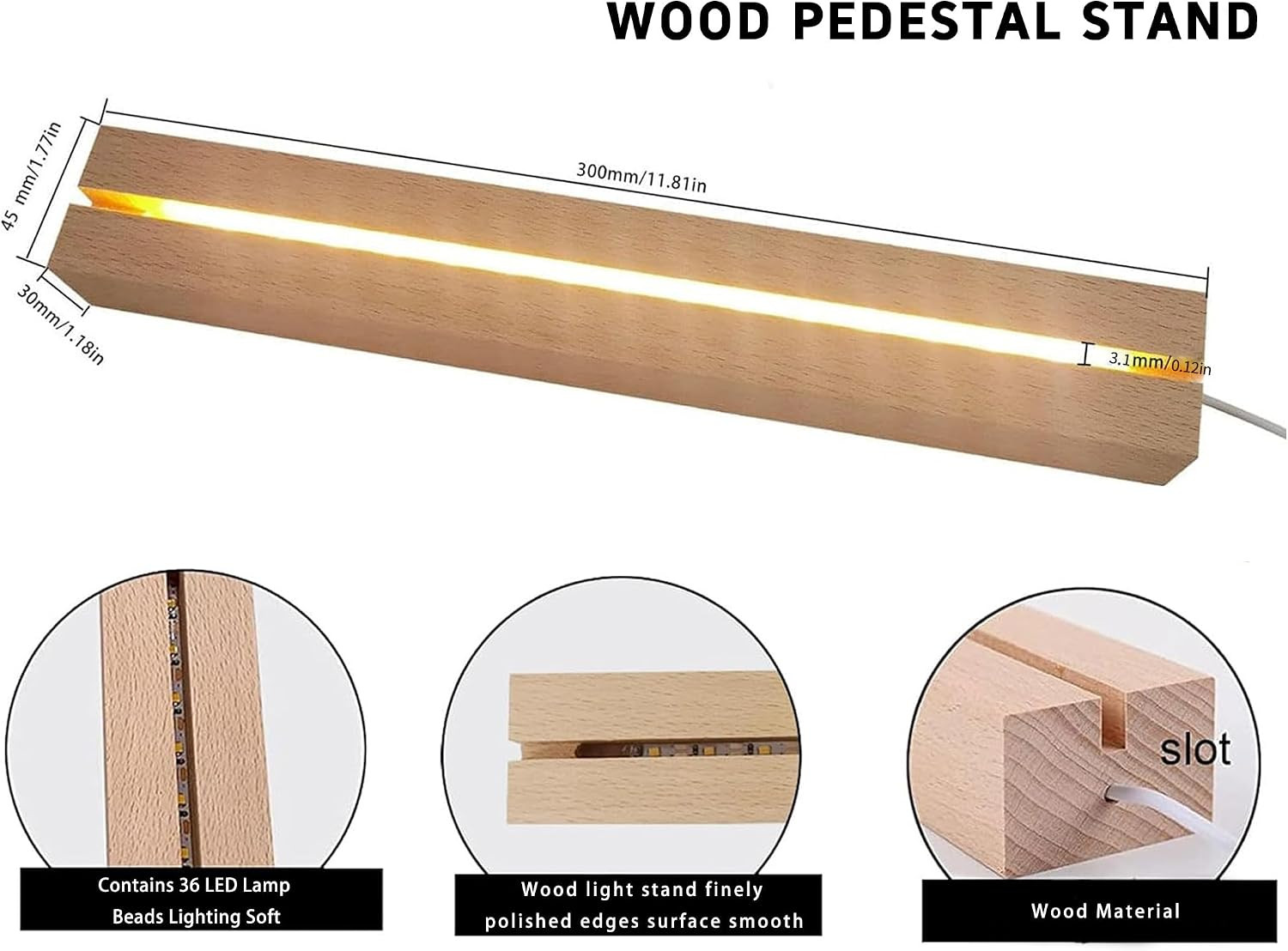 1 Pcs LED Light Display Pedestal Wooden Rectangle LED Lighted Base Stand 11.81 I