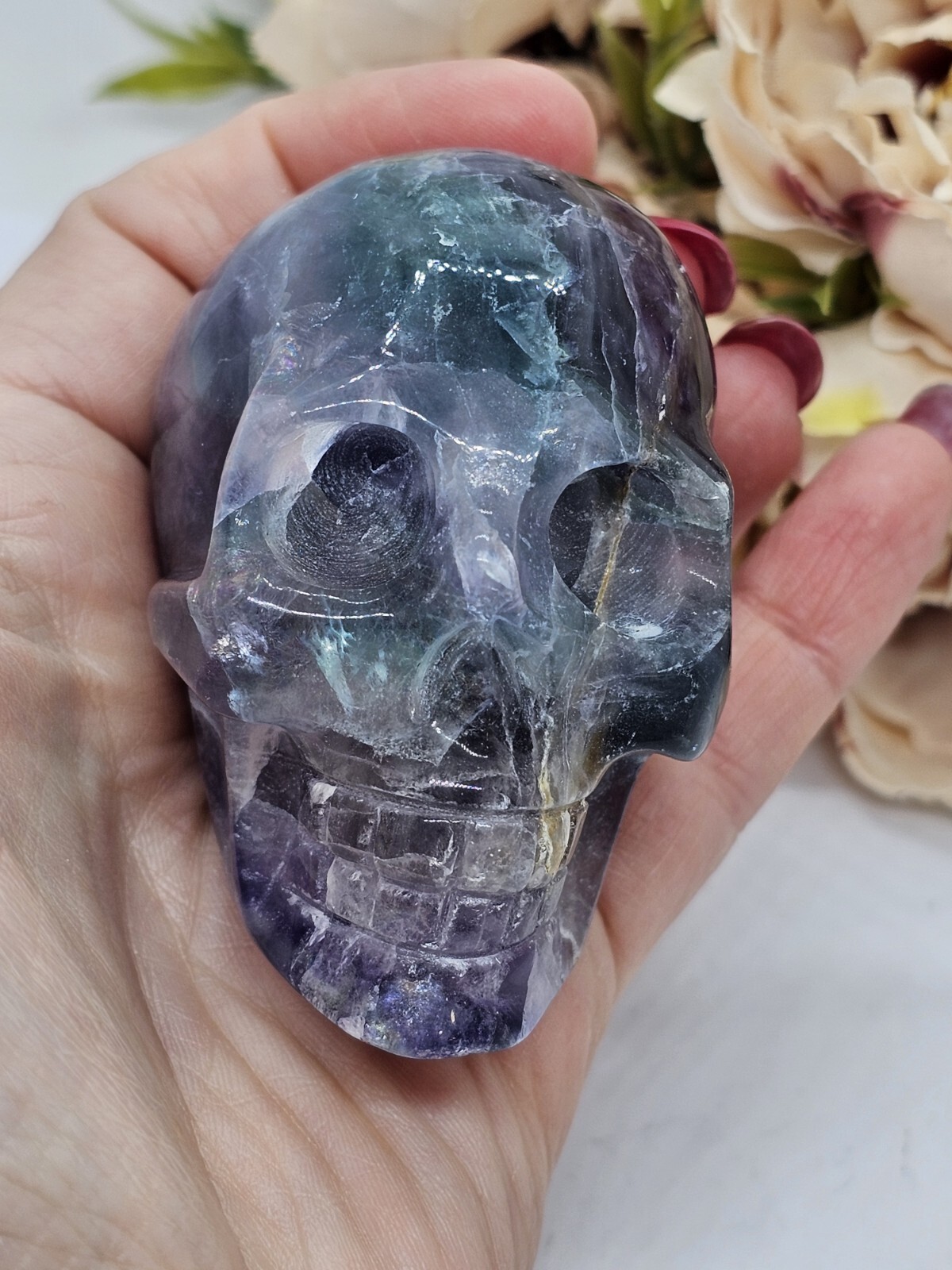 Rainbow Fluorite Skull Crystal Carving 248g Purple Green Blue 5x 6 x 4cm