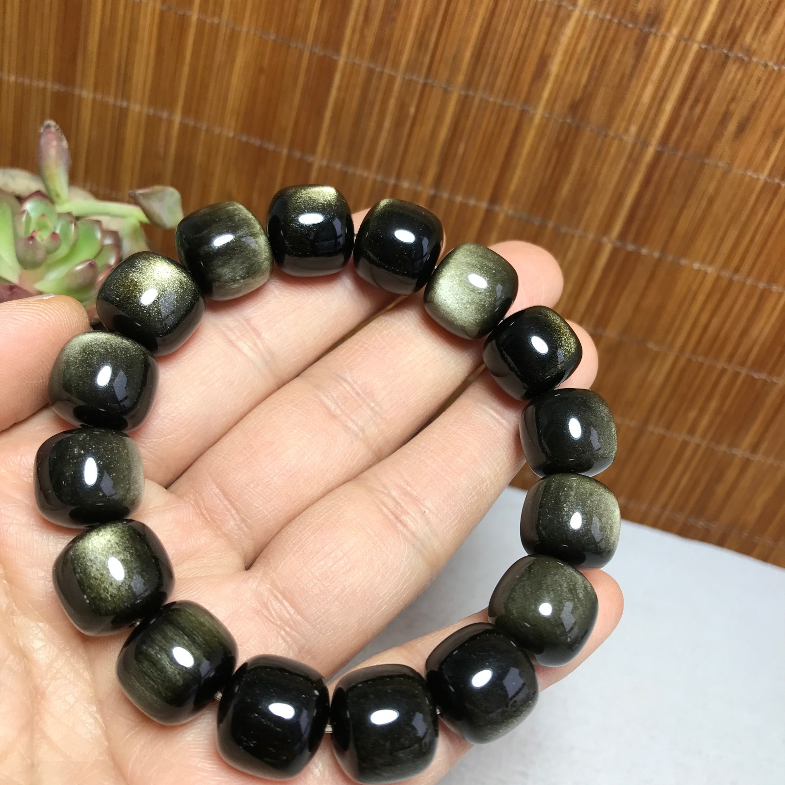 14-12mm Natural Polished Obsidian bracelets Crystal Bucket bead Specimen A4066