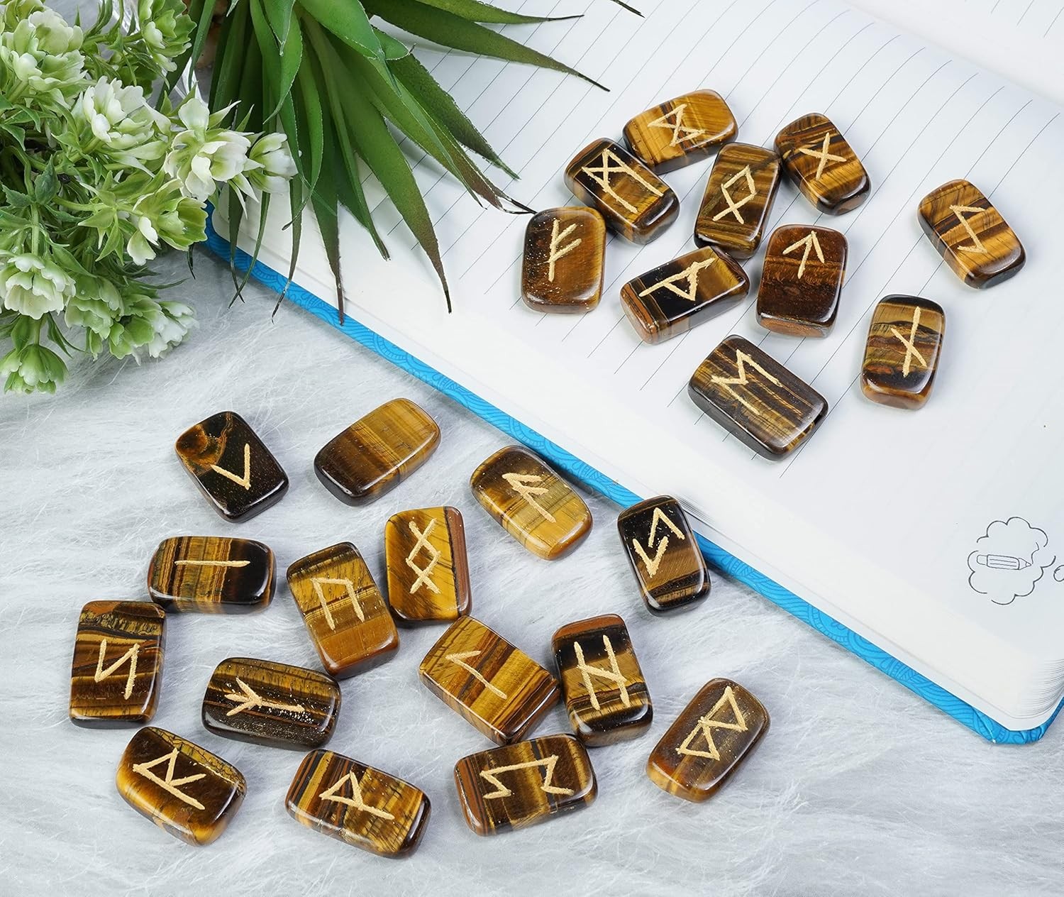 Tiger’s Eye Rune Stones Set – 25 Engraved Gemstone Runes Natural Crystal